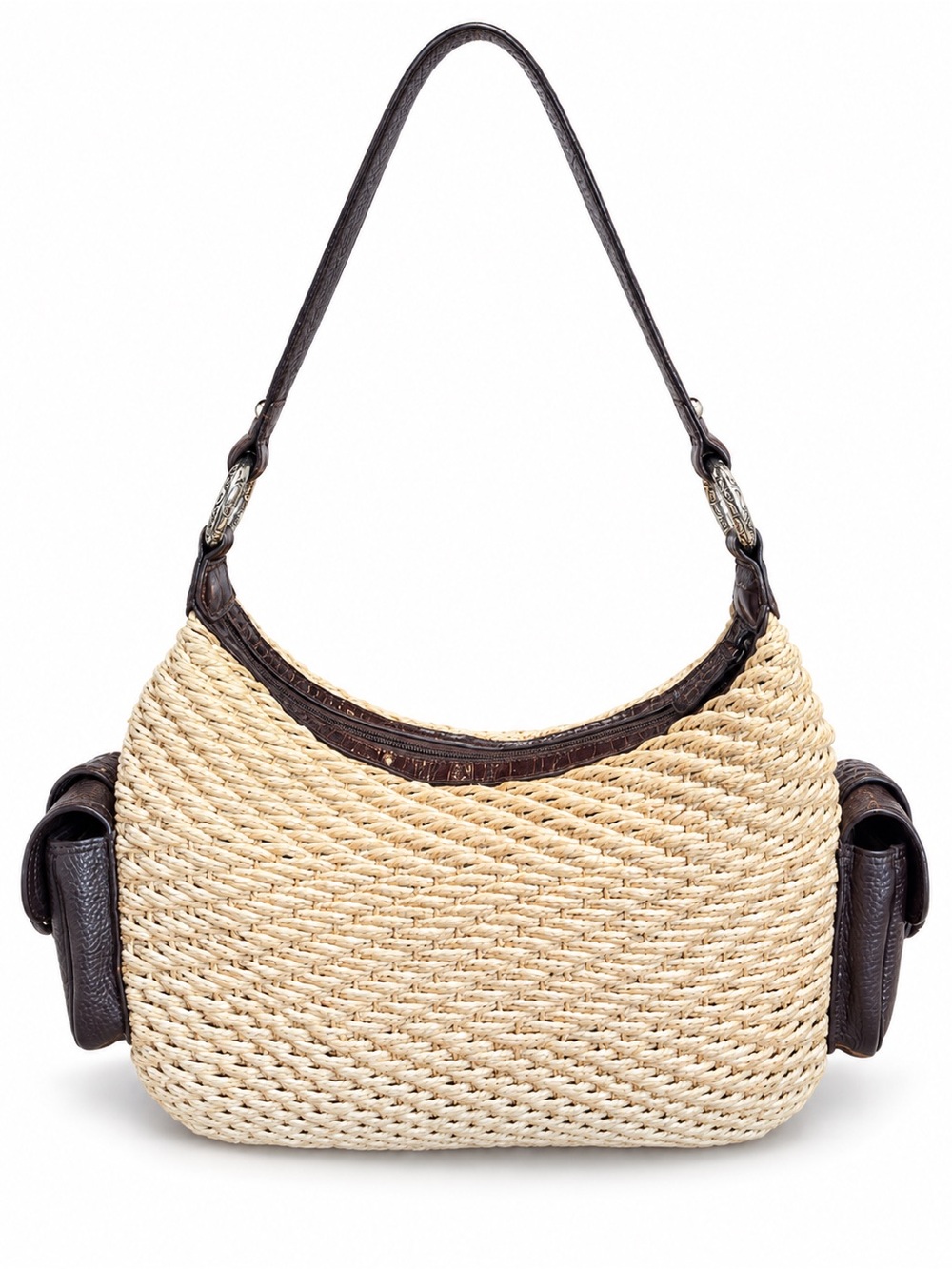 Brighton Beige Woven Shoulder Bag with Dark Brown Trim